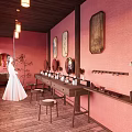 Pink Walls Clothing Store Interior With Wooden Floor Long Table Stools And White Dress Model