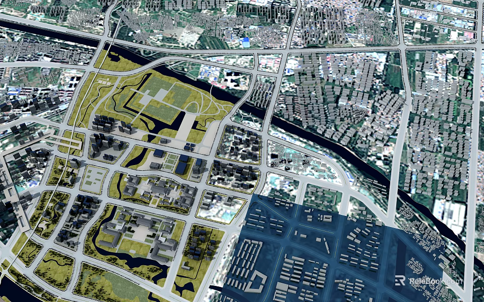 Aerial View Urban Planning Layout With Road Networks Green Spaces And Building Zones 3d model 