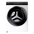 Modern Front Load Washing Machine With White Body Black Circular Door And Drum View