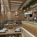 Modern Restaurant Interior With Wooden Ceiling Linear Lights Dining Tables Counter And Green Plants