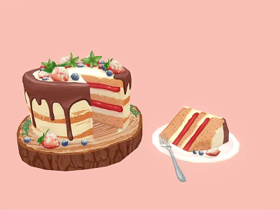 Delicious Cake With Chocolate Drizzle Strawberries Blueberries Green Leaves On Wooden Tray And Sliced Piece 3d model