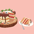 Delicious Cake With Chocolate Drizzle Strawberries Blueberries Green Leaves On Wooden Tray And Sliced Piece