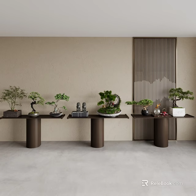 Indoor Bonsai Plants Display On Brown Pillars With Beige Wall And Vertical Slat Partition 3d model 