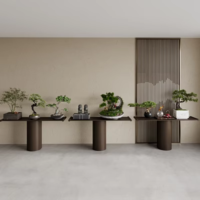 Indoor Bonsai Plants Display On Brown Pillars With Beige Wall And Vertical Slat Partition 3d model