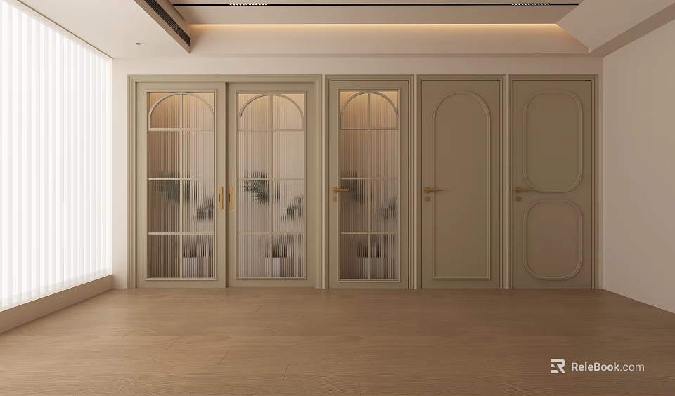 Modern Beige Hinged Doors With Arched Top Glass Panels And Golden Handles For Interior Design 3d model 