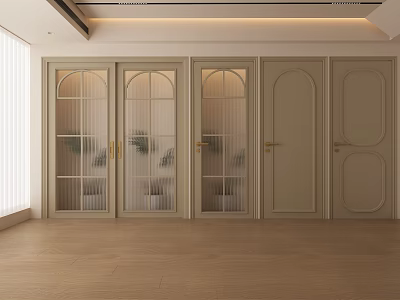 Modern Beige Hinged Doors With Arched Top Glass Panels And Golden Handles For Interior Design 3d model