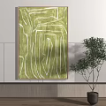 Abstract Green And White Line Painting With Potted Plant On Gray Wall Wooden Decor