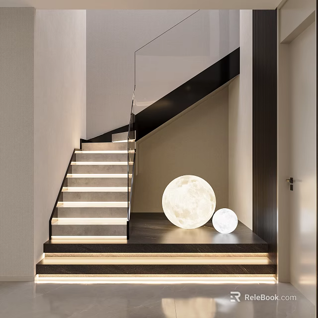 Modern Staircase With Gray Stone Steps Black Handrail Glass Railing And Illuminated Round Lights 3d model 