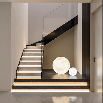 Modern Staircase With Gray Stone Steps Black Handrail Glass Railing And Illuminated Round Lights 3d model