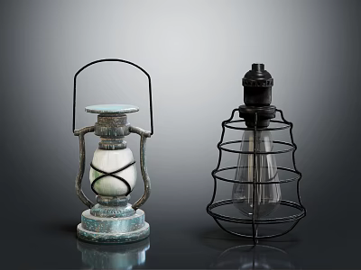 Vintage And Industrial Candle Lanterns With Metal Frame Glass Shade And Wire Cage Design 3d model