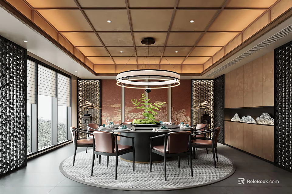 Elegant Private Dining Room With Wooden Ceiling Circular Pendant Light Round Table And Green Plant 3d model 