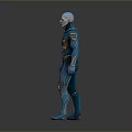Futuristic Humanoid Character in Blue and Gold Tight Suit with Intricate Patterns and Metallic Accents