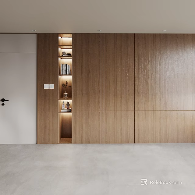 Modern Wooden Interior Featuring Wall Cabinets Hanging Cabinets Open Shelving With Lighting Books And Decorations 3d model 