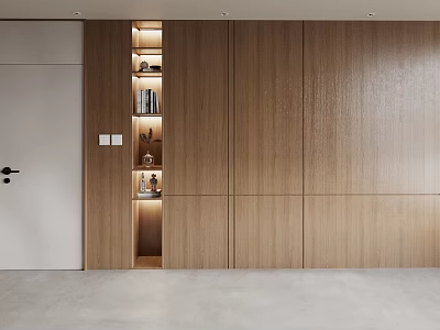 Modern Wooden Interior Featuring Wall Cabinets Hanging Cabinets Open Shelving With Lighting Books And Decorations 3d model