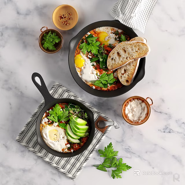 Fresh Fried Eggs With Vegetables And Herbs Served In Cast Iron Pans With Bread Slices 3d model 