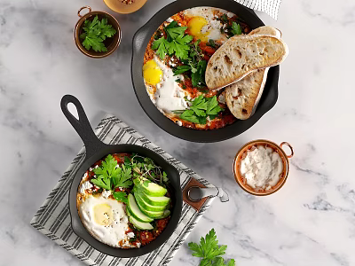 Fresh Fried Eggs With Vegetables And Herbs Served In Cast Iron Pans With Bread Slices 3d model