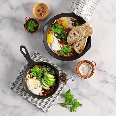 Fresh Fried Eggs With Vegetables And Herbs Served In Cast Iron Pans With Bread Slices 3d model