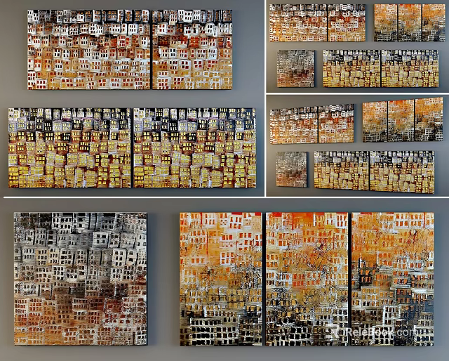 Multi Panel Abstract Oil Paintings With Textured Surfaces And Yellow Orange Hues 3d model 