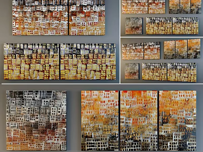 Multi Panel Abstract Oil Paintings With Textured Surfaces And Yellow Orange Hues 3d model