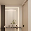 Modern Entryway Hallway With Lighted Ribbed Wall Wooden Doors Decorative Countertop Plants And Decor Items