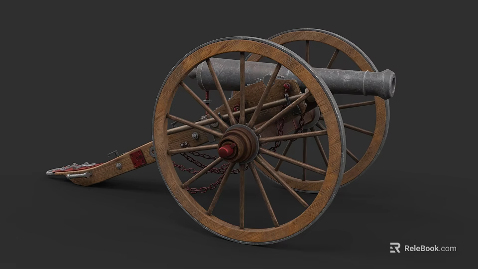 Antique Cannon Weapon With Wooden Wheels Metal Barrel And Chain Details 3d model 