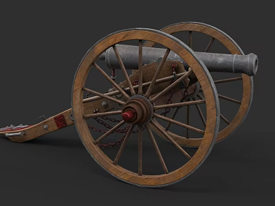 Antique Cannon Weapon With Wooden Wheels Metal Barrel And Chain Details 3d model