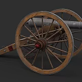 Antique Cannon Weapon With Wooden Wheels Metal Barrel And Chain Details