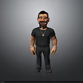 3D Man Character in Black T-Shirt Pants with Silver Necklace Bracelets Short Hair Gray Background