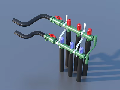 Industrial Equipment Setup With Green Pipes Red Blue Valves And Black Tubes 3d model