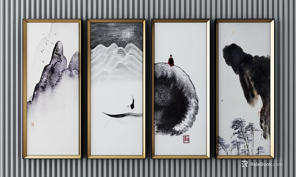 Four Chinese Ink Painting Panels Featuring Mountain Water Figures And Trees For Home Wall Decor 3d model 