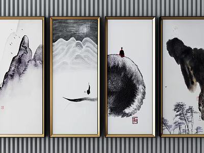 Four Chinese Ink Painting Panels Featuring Mountain Water Figures And Trees For Home Wall Decor 3d model