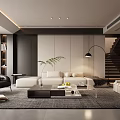 Modern Living Room Interior With White Sofa Black Armchair Coffee Table And Floor Lamp