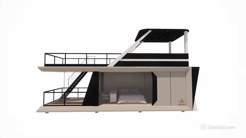 Modern Double Storey Guesthouse with Terrace Staircase and Bedroom Interior 3d model 