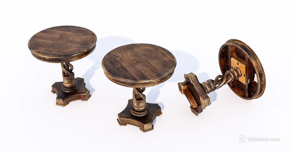 Wooden Small Round Tables With Carved Base And Detailed Structure 3d model 