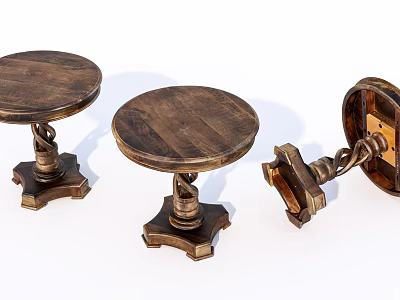 Wooden Small Round Tables With Carved Base And Detailed Structure 3d model