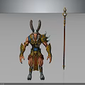 Mythical Horned Character And Red Skin Creature With Decorative Golden Armor Red Spear
