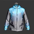 Sporty Hooded Jacket With Blue To Cyan Gradient Zipper Design And Chest Logos