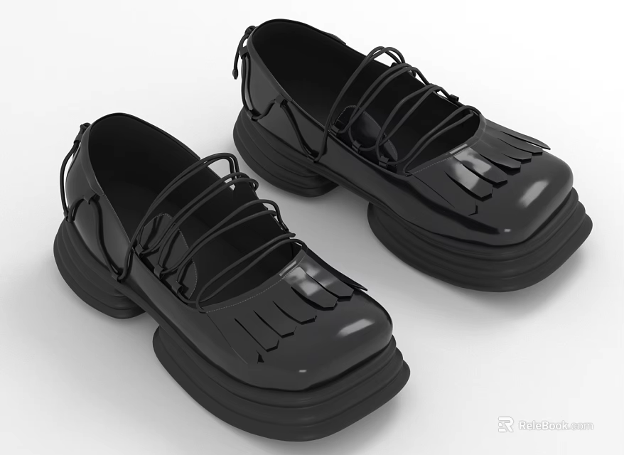 Black Patent Leather Platform Shoes With Square Toe Fringe Detail And Lace Up Design 3d model 