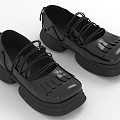 Black Patent Leather Platform Shoes With Square Toe Fringe Detail And Lace Up Design