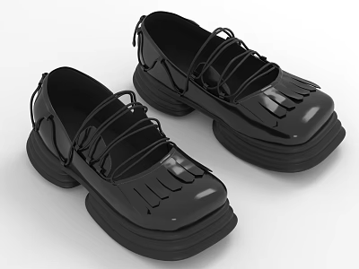 Black Patent Leather Platform Shoes With Square Toe Fringe Detail And Lace Up Design 3d model