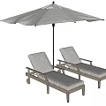 Outdoor Wooden Lounge Chairs With Gray Cushions And White Shade Umbrella