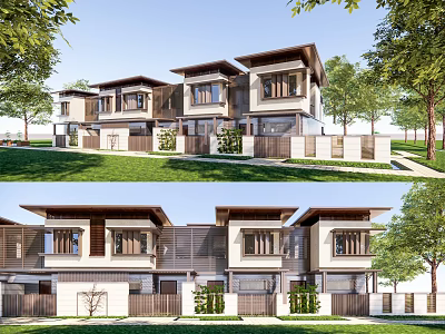 Modern Townhouse Exterior Design With Large Windows Lush Green Trees And Lawn 3d model
