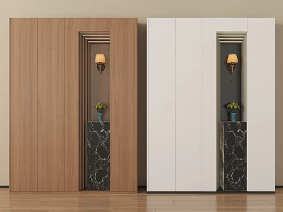 Wooden And White Entryway Cabinet With Marble Side Cabinet Wall Lamp And Potted Plant 3d model