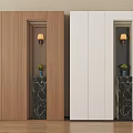 Wooden And White Entryway Cabinet With Marble Side Cabinet Wall Lamp And Potted Plant