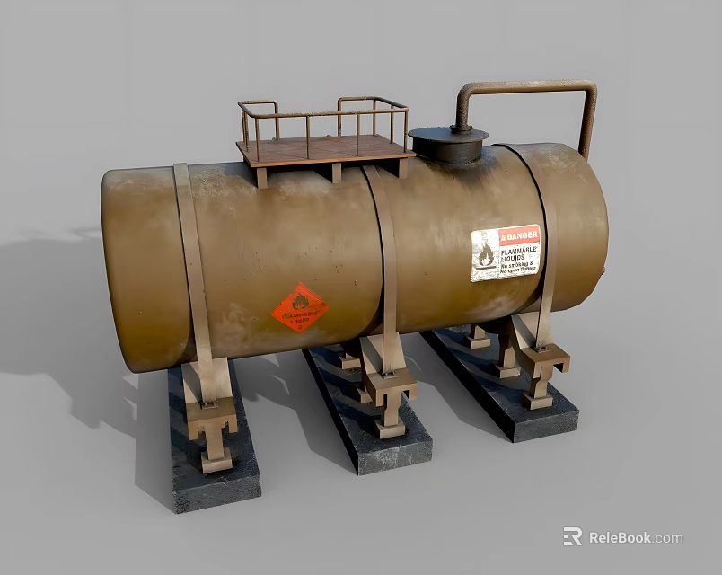 Rusty Metal Industrial Storage Tank With Platform Railing Support Stands And Hazardous Labels 3d model 