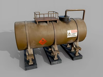 Rusty Metal Industrial Storage Tank With Platform Railing Support Stands And Hazardous Labels 3d model