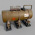 Rusty Metal Industrial Storage Tank With Platform Railing Support Stands And Hazardous Labels