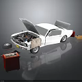 Classic White Car With Open Hood Trunk And Repair Tools Around