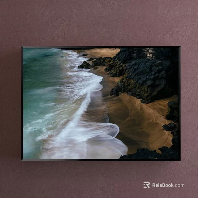 Coastal Landscape Painting With Waves Crashing On Sandy Beach And Black Rocks 3d model 
