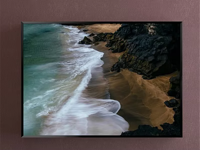 Coastal Landscape Painting With Waves Crashing On Sandy Beach And Black Rocks 3d model